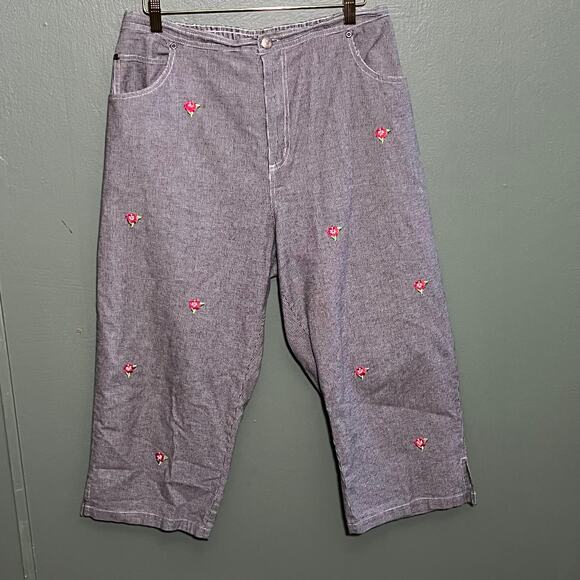 Quacker Factory Houndstooth Capri Pants Rose Embroidered Large Cotton - Picture 2 of 6